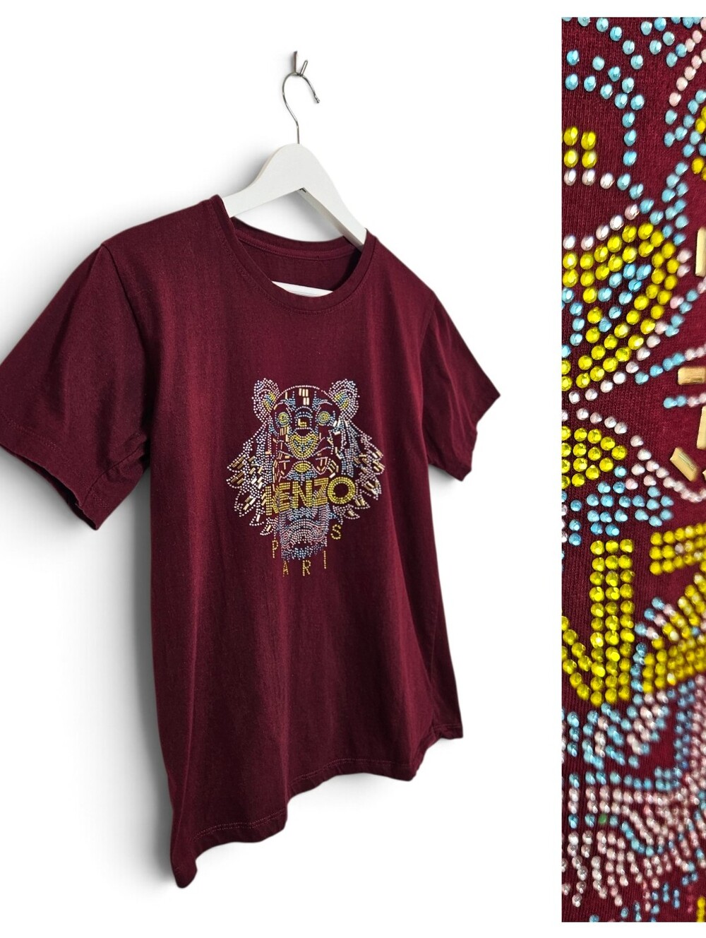Kenzo Paris T-Shirt S Rhinestone Tiger Crystal Graphic Crewneck Burgundy Cotton